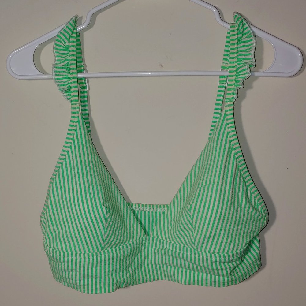 Aerie - Seersucker Ruffle Triangle Striped Bikini Top Size L Green White